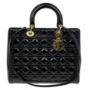 Pre Owned Dior Black Cannage Quilted Patent Leather Large Lady Dior Tote