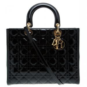 Pre Owned حقيبة يد ديور ليدي ديور كبيرة جلد لامعة سوداء