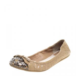 Pre Owned Dior Beige Patent Cannage Leather Icon Metal Cap Toe Bow Scrunch Ballet Flats Size 37