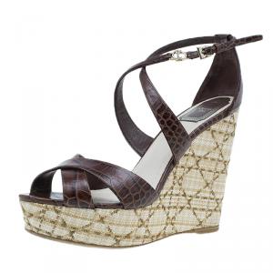 Pre Owned Dior Brown Croc Embossed Leather Criss Cross Wedges Size 40