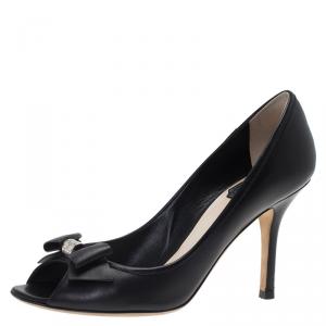 مملوكة مسبقًا حذاء كعب عالي ديور سو ديور جلد أسود بفيونكة مقدمة مفتوحة مقاس 37.5