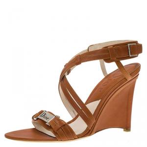 مملوكة مسبقًا Dior Brown Leather Logo Strappy Slingback Wedge Sandals Size 39