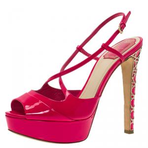 مملوكة مسبقًا Dior Fuchsia Pink Patent Cannage Heel Cross Strap Platform Sandals Size 38