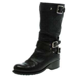 Pre Owned بوت لمنتصف الساق ديور رايدينغ جلد كاناج أسود بأبازيم مقاس 37.5