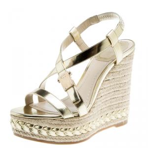 Pre Owned Dior Gold Metallic Leather Cross Strap Espadrille Wedge Sandals Size 36