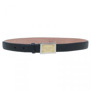 Dolce and Gabbana Black Grained Leather Logo Plaque Belt 70CM