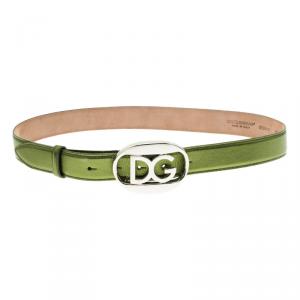 Pre Owned Dolce and Gabbana Metallic Green Logo Buckle Belt 80 CM