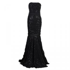Pre Owned Dolce and Gabbana Black Sequin Embellished Ruched Strapless Gown M
