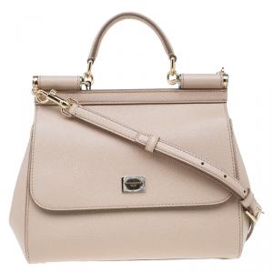 Pre Owned Dolce and Gabbana Nude Leather Medium Miss Sicily Top Handle Bag