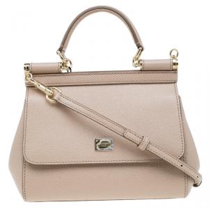Pre Owned Dolce and Gabbana Nude Leather Small Miss Sicily Top Handle Bag