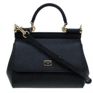 Pre Owned Dolce and Gabbana Black Leather Small Miss Sicily Top Handle Bag