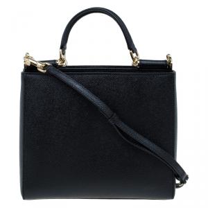 Pre Owned Dolce and Gabbana Black Leather Small Miss Sicily Shopper Bag