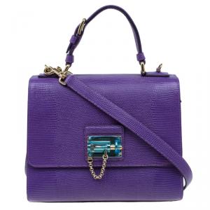Pre Owned Dolce and Gabbana Purple Lizard Embossed Leather Medium Miss Monica Top Handle Bag