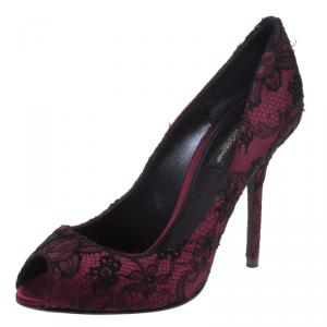 Dolce and Gabbana Burgundy Satin and Black Lace Peep Toe Pumps Size 37