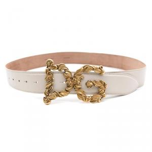 Dolce and Gabbana Cream Leather Baroque Logo Buckle Belt 95CM