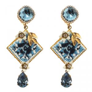 Pre Owned Dolce and Gabbana Blue Resin Tile Flower Gold Tone Clip-on Long Earrings 