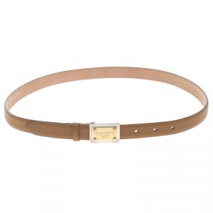 مملوكة مسبقًا Dolce and Gabbana Brown Leather Logo Plaque Skinny Belt 80 CM