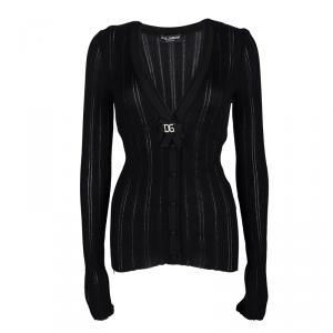 Pre Owned Dolce and Gabbana Black Rib Knit Logo Bow Detail Cardigan M