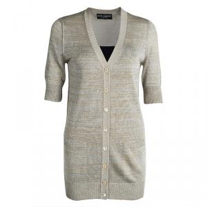 Pre Owned Dolce and Gabbana Beige Striped Lurex Knit Short Sleeve Cardigan S