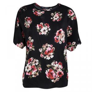 مملوكة مسبقًا Dolce and Gabbana Black Floral Printed Silk Lace Shoulder Detail Top S