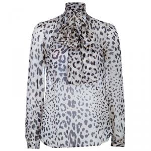 Pre Owned Dolce & Gabbana Off-White Leopard Print Silk Blouse