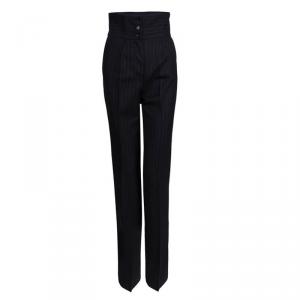 Pre Owned Dolce and Gabbana Grey Pinstriped Wool High Waist Trousers S