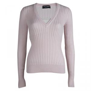 Pre Owned Dolce And Gabbana Pink Rib Knit V-Neck Sweater M