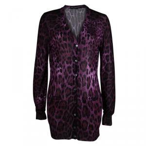 Pre Owned Dolce and Gabbana Burgundy Leopard Print Button Front Cardigan L