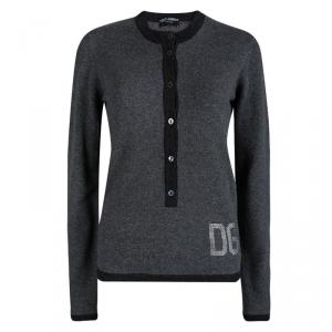 Pre Owned Dolce And Gabbana Grey Cashmere Embellished Logo Detail Sweater M