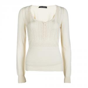 Pre Owned Dolce and Gabbana Cream Perforated Knit Detail Long Sleeve Sweater M