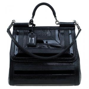 Pre Owned Dolce and Gabbana Black Python/Iguana Embossed Leather Large Miss Sicily Top Handle Bag