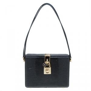 Dolce and Gabbana Black Lizard Embossed Calf Leather Box Bag
