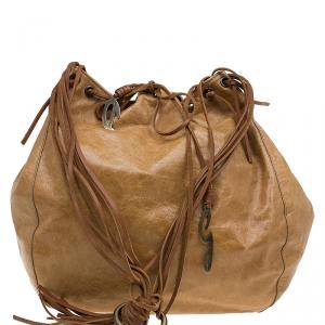 Dolce and Gabbana Brown Leather Fringe Charm Bucket Hobo