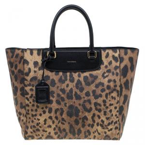Pre Owned Dolce and Gabbana Black Leopard Print Leather Lucia Shopper Tote