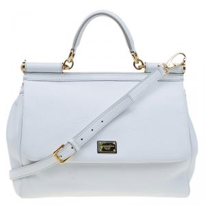 Pre Owned Dolce and Gabbana White Leather Medium Miss Sicily Top Handle Bag
