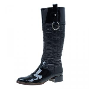 Pre Owned Dolce and Gabbana Black Patent Leather and Quilted Nylon Knee Boots Size 40.5
