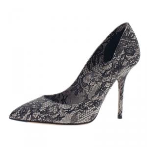 Pre Owned Dolce and Gabbana Black Lace Print Pointed Toe Pumps Size 38