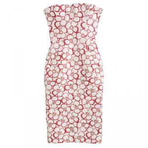 Dsquared2 Cream and Red Floral Lurex Jacquard Strapless Dress S