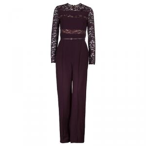 Elie Saab Burgundy Lace Detail Long Sleeve Belted Jumpsuit M