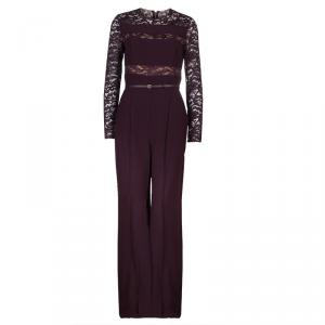Elie Saab Burgundy Lace Detail Long Sleeve Belted Jumpsuit S