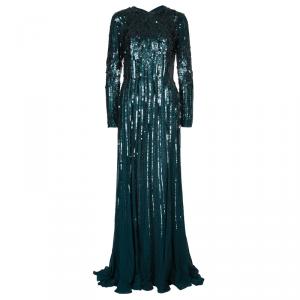 Elie Saab Deep Green All Over Sequin Embellished Long Sleeve Gown M