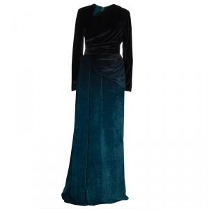 Elie Saab Black and Green Velvet Long Sleeve Gown L