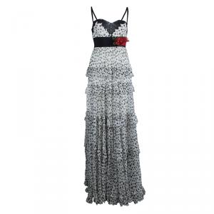 Elie Saab White Lace Detail Polka Dotted Tiered Sleeveless Gown M