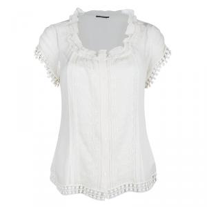 Elie Tahari Cream Lace Insert Crinkled Silk Chiffon Blouse S