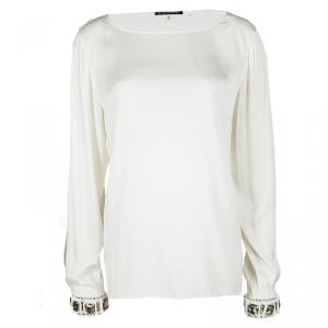 Elie Tahari Cream Silk Embellished Cuff Detail Long Sleeve Blouse XL