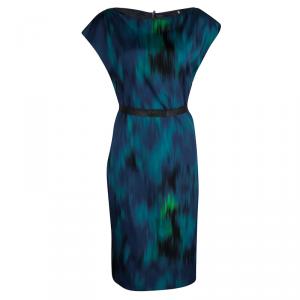 Elie Tahari Blue and Green Printed Silk Contrast Trim Detail Dress M
