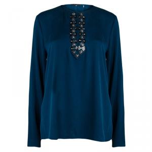 Elie Tahari Peacock Blue Embellished Silk Blouse L