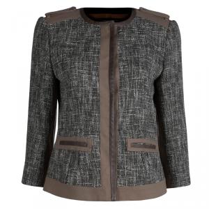 Elie Tahari Olive Green and Brown Textured Cotton Leather Trim Box Jacket M