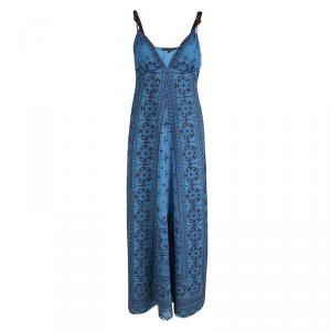 Elie Tahari Blue Silk Emroidered Maxi Dress M