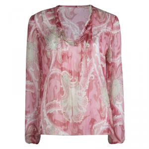 Elie Tahari Multicolor Silk Printed Trim Detail Long Sleeve Top S